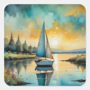 Sticker Carré peinture de voilier au coucher du soleil