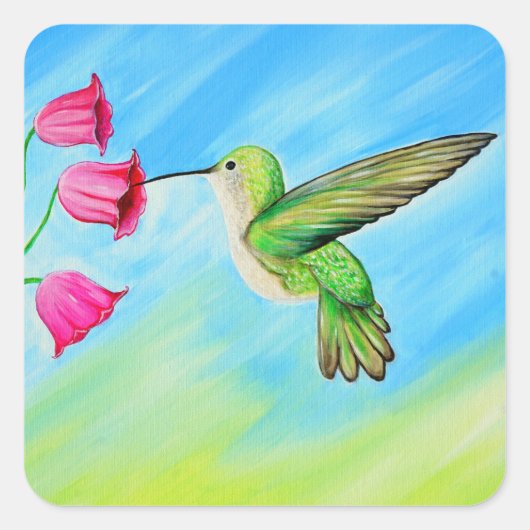 Sticker Carré Peinture des colibris et des fleurs roses (Devant)
