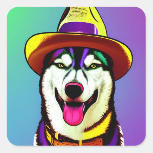 Sticker Carré Peinture pop art d'un chien Husky portant un Casqu