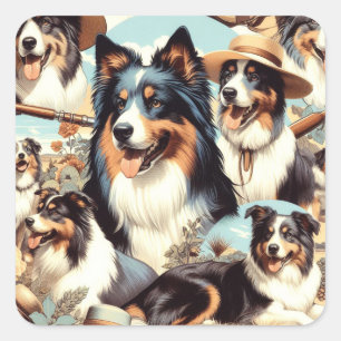 Sticker Carré Peinture rétro Australian Shepherd sans couture