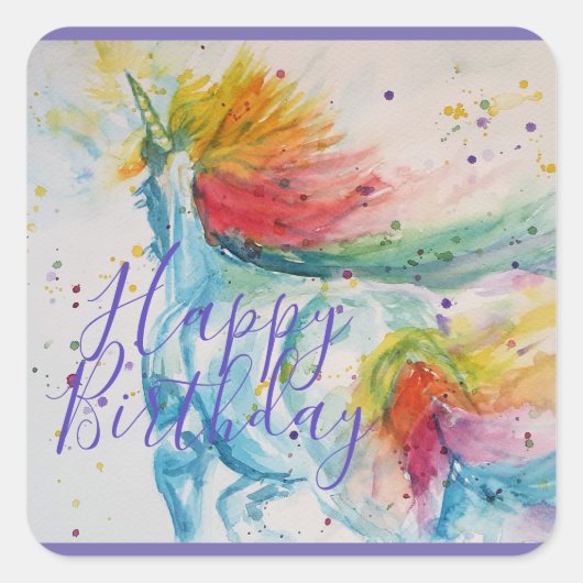 Sticker Carré Peinture Unicorne Joyeuse aquarelle d'anniversaire (Devant)