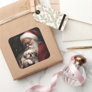 Sticker Carré Pekingese avec le Père Noël Festif Noël