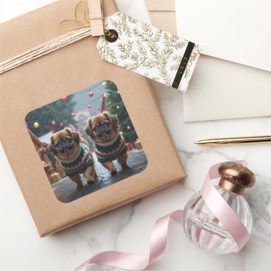 Sticker Carré Pekingese Dogs Christmas Snow Holiday (Cadeaux)