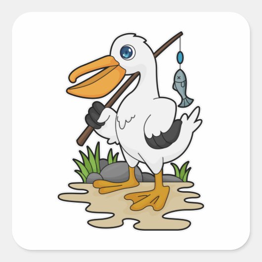 Sticker Carré Pélican comme pêcheur avec la baguette de pêche et (Devant)
