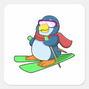 Sticker Carré Penguin en ski avec Ski Scarf & Lunettes de soleil