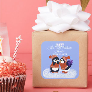 Sticker Carré Penguin Neige hiver Anniversaire Baby shower cadea