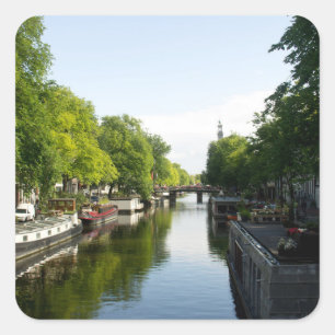 Sticker Carré Péniches sur le canal d'Amsterdam