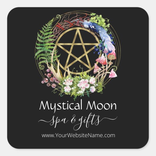 Sticker Carré Pentacle Nature Fleurs de couronne Boho Black Busi (Devant)