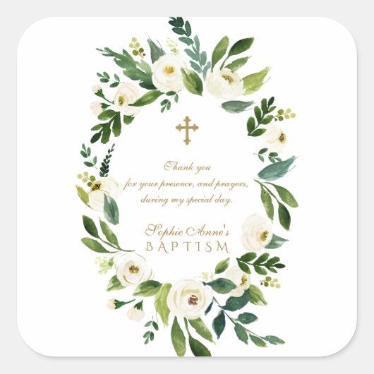Sticker Carré Peonies florales blanches modernes Wreath Baptême (Devant)