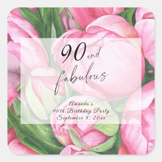 Sticker Carré Peonies Rose 90e fête d'anniversaire (Devant)