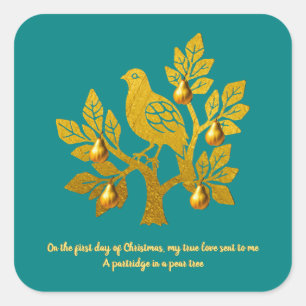 Sticker Carré Perdrix dans un arbre fruitier sarcelle doré Noël