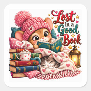 Sticker Carré Perdue dans un bon livre Lectrice féline