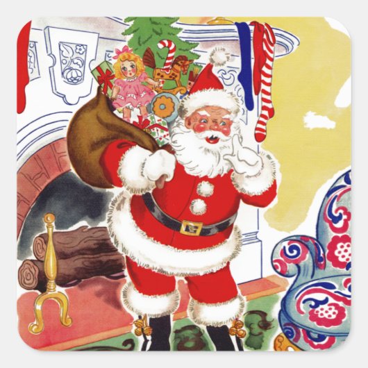 Sticker Carré Père Noël à la cheminée apportant des jouets (Devant)