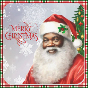 Sticker Carré Père Noël afro-américain Joyeux Noël