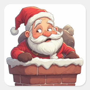 Sticker Carré Père Noël assis dans une cheminée avec un cadeau d