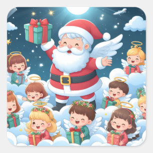 Sticker Carré Père Noël avec enfants