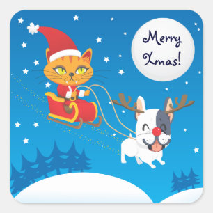 Sticker Carré Père Noël Cat Sleigh