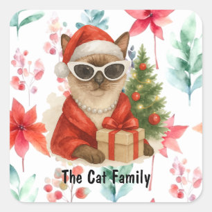 Sticker Carré Père Noël Cat wear Lunettes de soleil tient cadeau