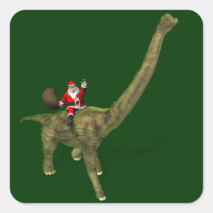 Sticker Carré Père Noël chevauchant un Brachiosaure