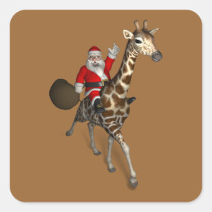 Sticker Carré Père Noël chevauchant une girafe