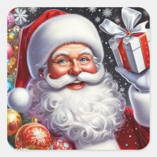 Sticker Carré Père Noël classique avec présent & ornements