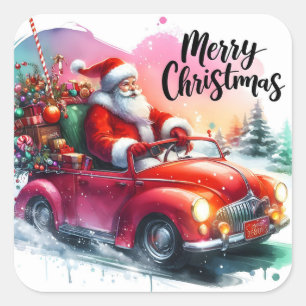 Sticker Carré Père Noël conduisant une voiture classique remplie