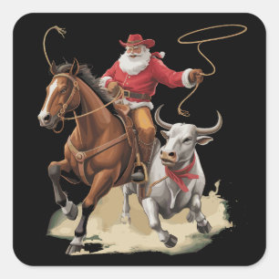 Sticker Carré Père Noël Cowboy Western Roping Noël Vintage 