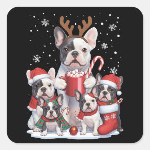 Sticker Carré Père Noël drôle chiens Bouledogue Français Noël Xm