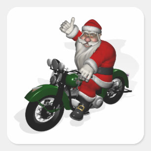 Sticker Carré Père Noël drôle sur une vieille moto verte vintage