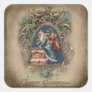 Sticker Carré Père Noël en Robes Bleues avec Holly