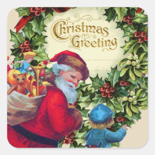 STICKER CARRÉ PÈRE NOËL, ENFANT, COURONNE DE NOËL, HOLLYBERRY, M