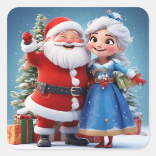 Sticker Carré Père Noël et la Fée des Neiges célébrant Noël