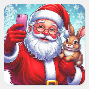 Sticker Carré Père Noël et lapin prenant un selfie de Noël