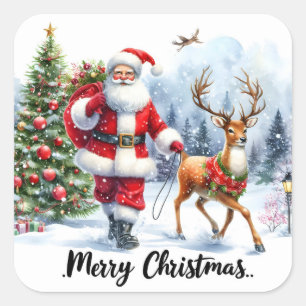 Sticker Carré Père Noël et rennes dans la neige