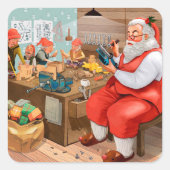 Sticker Carré Père Noël et ses elfes dans l'atelier (Devant)