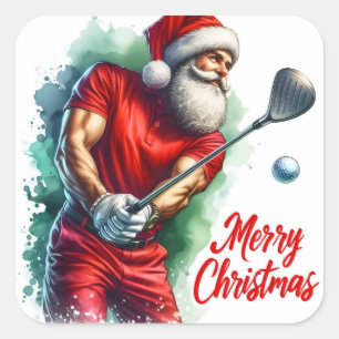 Sticker Carré Père Noël Golfing en tenue festive