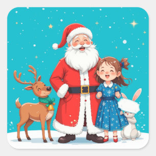 Sticker Carré Père Noël heureux avec la jeune fille de neige