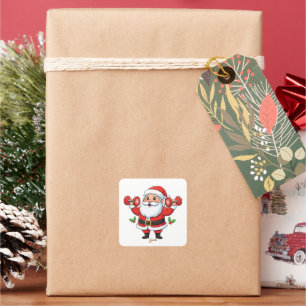 Sticker Carré Père Noël levant des haltères – Noël drôle