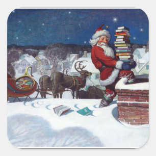 Sticker Carré Père Noël livre une cargaison de livres