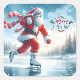 Sticker Carré Père Noël Patinage sur glace en hiver Bliss