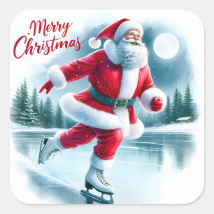 Sticker Carré Père Noël Patinage sur glace en Wonderland hiver