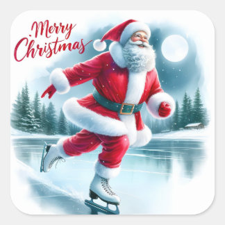 Sticker Carré Père Noël Patinage sur glace en Wonderland hiver