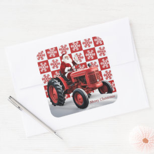 Sticker Carré Père Noël Red Tracteur ferme Vintage Noël