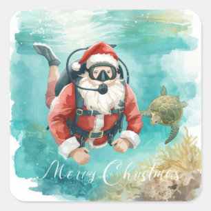 Sticker Carré Père Noël Scaphandrier Noël Joyeux sous l'eau