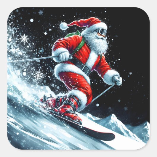 Sticker Carré Père Noël Ski en hiver amusant! (Devant)