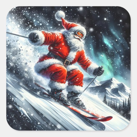 Sticker Carré Père Noël Skis sur une pente enneigée (Devant)