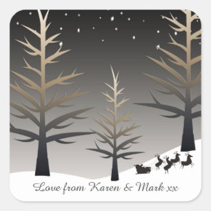 Sticker Carré Père Noël Sleigh and Trees Silhouette Personnalisé