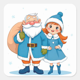 Sticker Carré Père Noël souriant et jeune fille des neiges