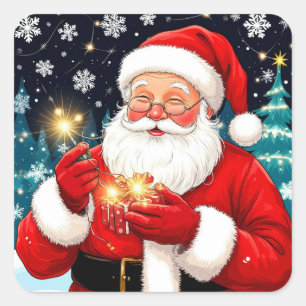 Sticker Carré Père Noël tenant un cadeau de Noël dans une nuit e