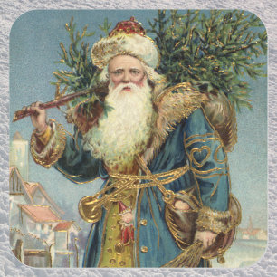 Sticker Carré Père Noël victorien vintage avec sapin de Noël